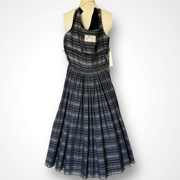 Vintage 1950s Velvet Striped Cotton Fit & Flare Party Dress Cupcake Black White - Picture 9 of 16